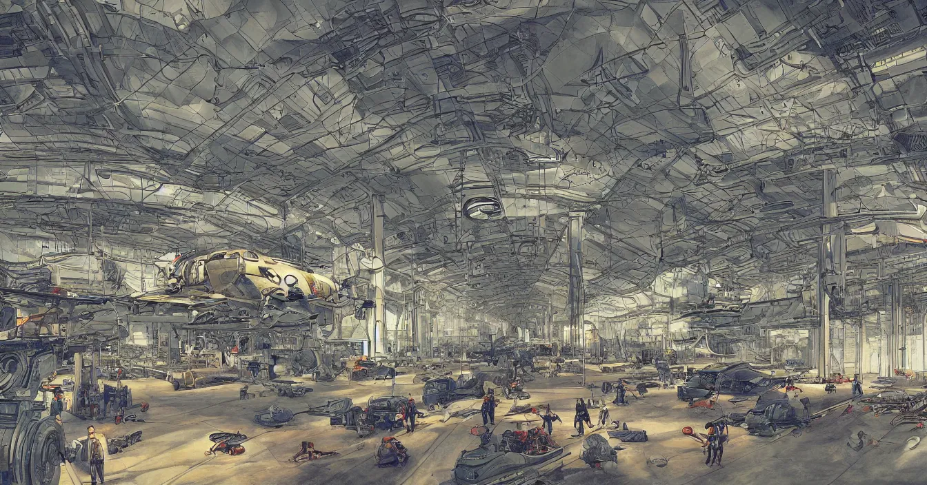 Image similar to Interior of the hall in area 55, full of alien military equipment, engineers working on flying saucers, high detail, wide perspective, saturated colors, by Feng Zhu