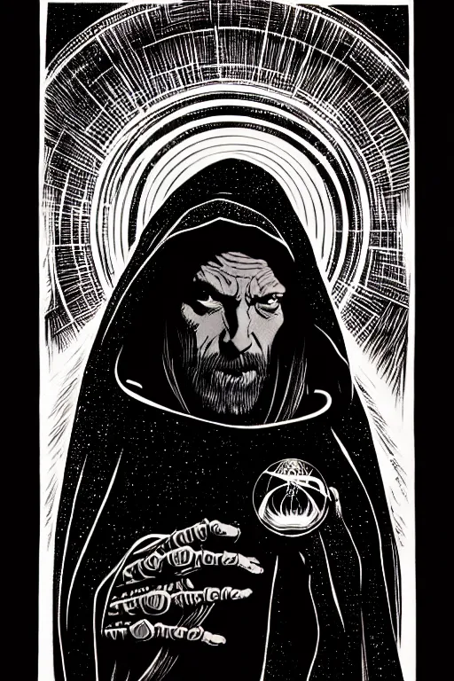 Image similar to side view of wizard in a hooded cloak gazing into a crystal ball, high details, intricately detailed, by vincent di fate, inking, 3 color screen print, masterpiece, trending on artstation, sharp, details, hyper - detailed, hd, 4 k, 8 k