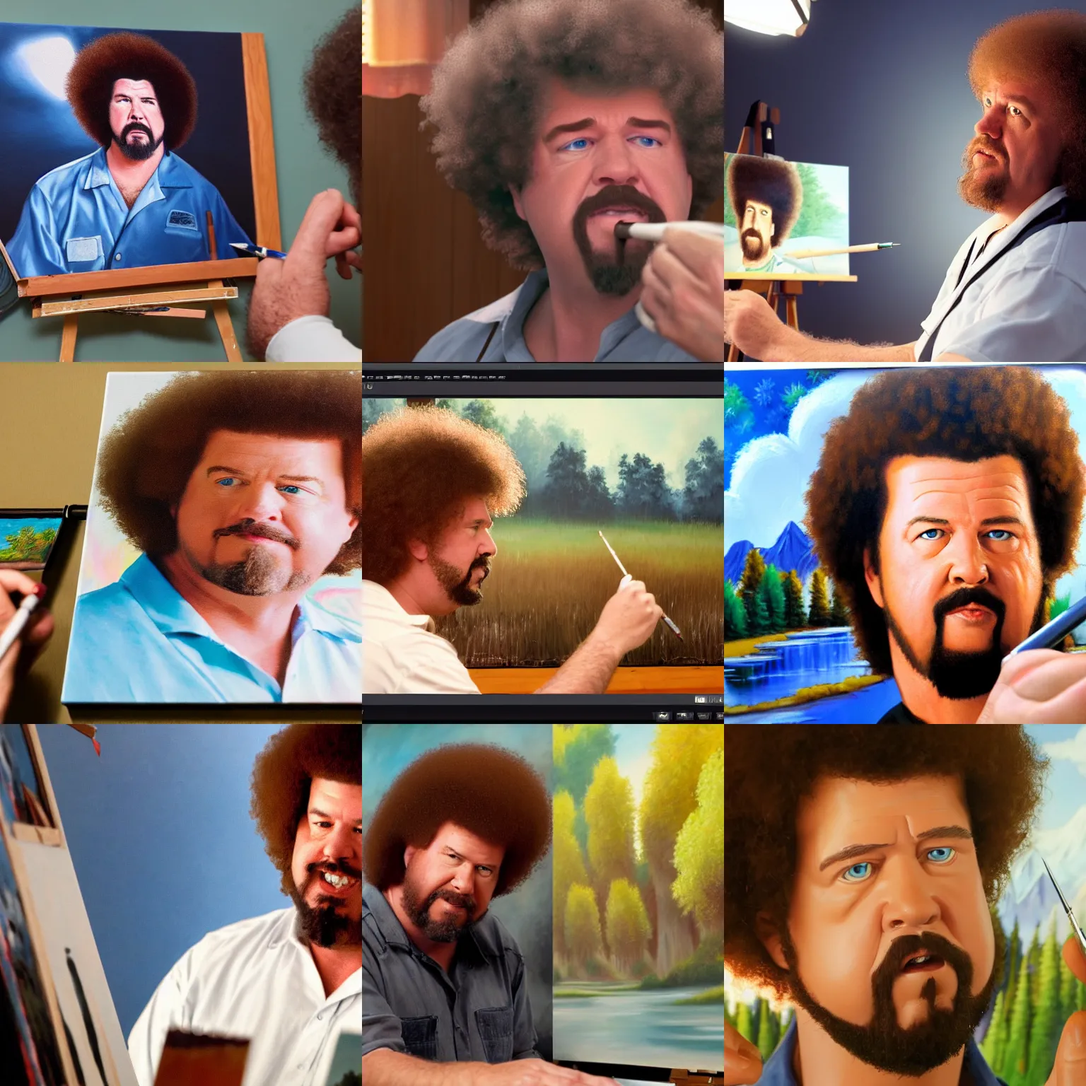 Prompt: a closeup photorealistic photograph of bob ross editing a canvas painting of kenny powers. film still. brightly lit scene. this 4 k hd image is trending on artstation, featured on behance, well - rendered, extra crisp, features intricate detail, epic composition and the style of unreal engine.