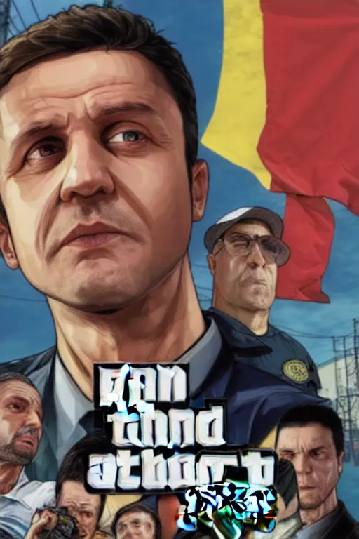 Prompt: GTA V cover art starring Volodymyr Zelensky, starring Volodymyr Zelensky