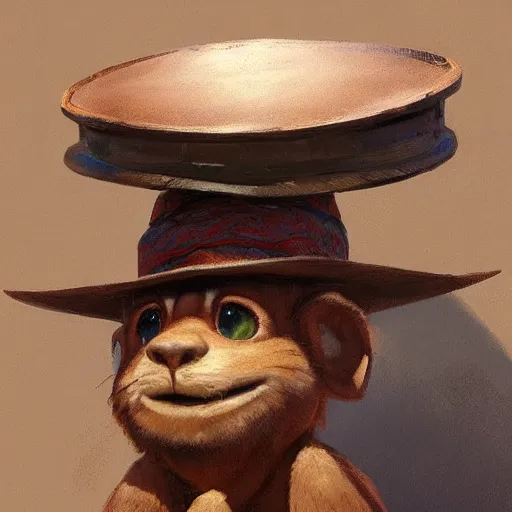 Image similar to just a curious hikking hat in a wooden table. by Craig mullins, Steve Purcell, Ralph McQuarrie. Trending on artstation. Centered image