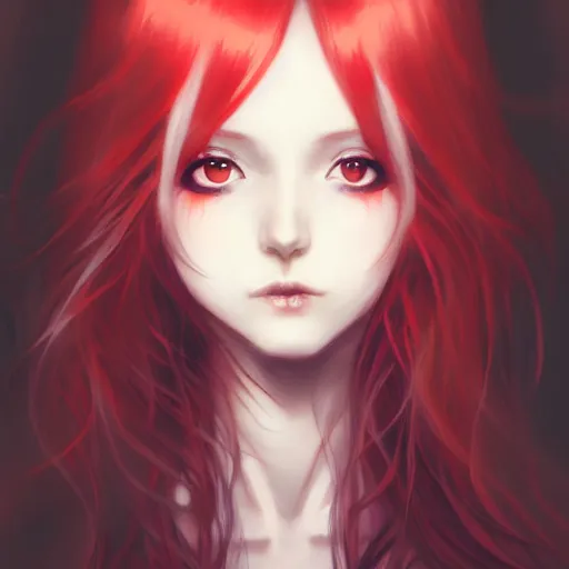 Image similar to facial portrait of a young pretty anime woman, long red hair, dark eyes, gothic eyeliner, character concept art, headshot, Charlie Bowater, Anna Dittmann, WLOP, Rumiko Takahashi, Akihiko Yoshida, Hyung-tae Kim, alexander mcqueen, trending on Artstation