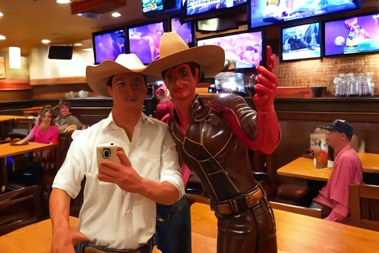 Image similar to taking a selfie with a plastic cowboy at an applebee's, cell phone photo