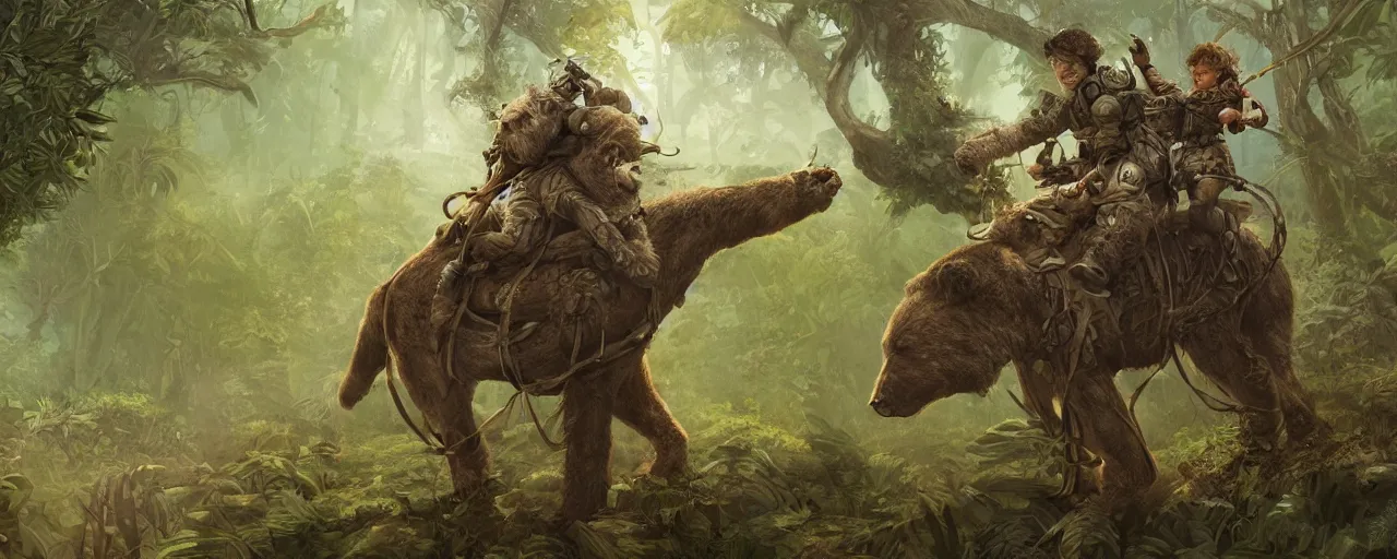 Image similar to an intricate concept illustration of a boy riding on a military bear in the jungle, artstation, fantasy, hyper realistic, concept art, art by dylan cole, cinematic lighting, fantasy color palette