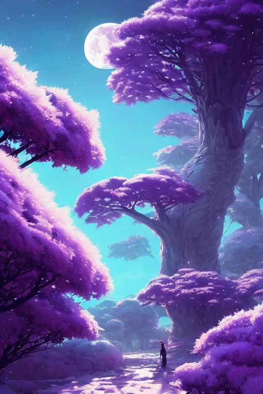 Prompt: giant tree in snow with purple flowers on surface of the moon, unreal engine, fantasy art by greg rutkowski, loish, rhads, ferdinand knab, makoto shinkai and lois van baarle, ilya kuvshinov, rossdraws, tom bagshaw, global illumination, radiant light, detailed and intricate environment