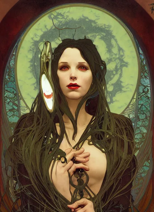 Image similar to portrait of a vampire!!!! with a sea lamprey!!!! mouth!!!, in the styles of ( national geographic ), alphonse mucha, peter mohrbacher, gerald brom, and marc simonetti, intricate, hyperrealistic, volumetric lighting