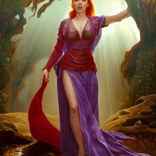 Image similar to a highly detailed byzantine painting of scarlett johansson as a red haired vampire sorceress, walking through a waterfall in a gossamer purple dress, epic fantasy, viewed in profile from far away, ultrawide lens, art by artgerm and greg rutkowski and alphonse mucha, volumetric lighting, 4 k resolution, trending on artstation, masterpiece