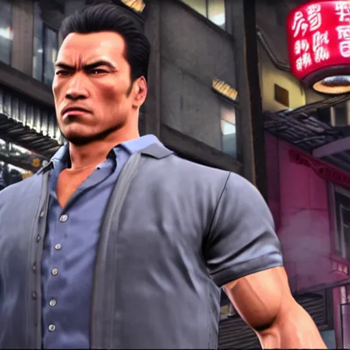 Prompt: young arnold schwarzenegger in yakuza 0, in game screenshot
