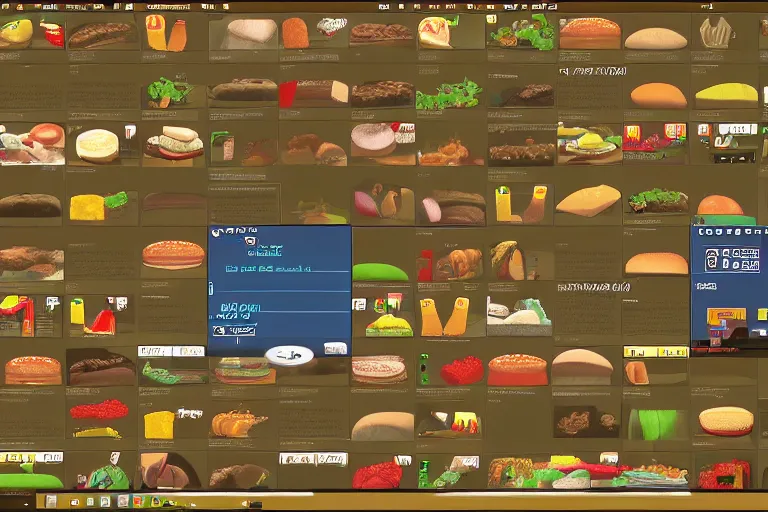 Image similar to hamburger themed gnu / linux desktop environment, linux mint, in 1 9 9 5, y 2 k cybercore, hamburger os, desktop screenshot