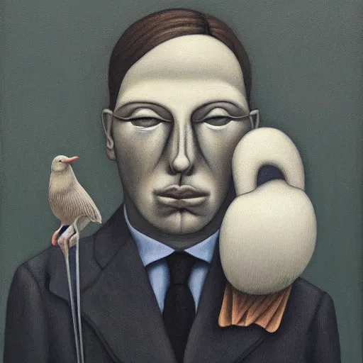 Prompt: a painting of a man with a bird on his shoulder, a surrealist painting by gertrude abercrombie. surrealism, dark, low contrast, featured on pixiv, precisionism, surrealist, art on instagram, detailed painting