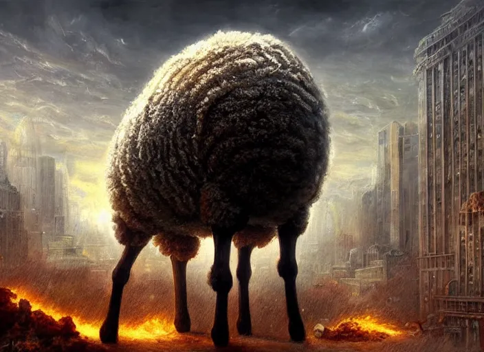 Prompt: a giant sheep in a city being destroyed, cosmic horror painting, elegant intricate digital painting artstation concept art by mark brooks and brad kunkle, extreme detail 4 k