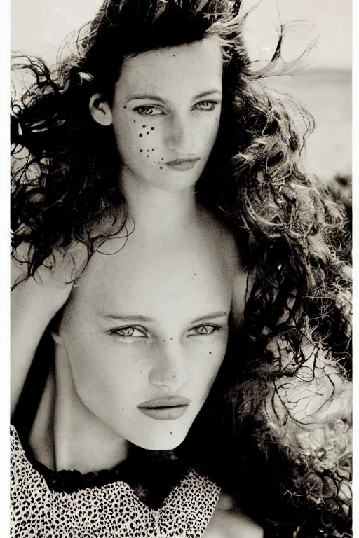 Image similar to a beautiful professional photograph by herb ritts, arthur elgort and ellen von unwerth for vogue magazine of a beautiful lightly freckled and unusually attractive female fashion model looking at the camera in a flirtatious way, zeiss 5 0 mm f 1. 8 lens