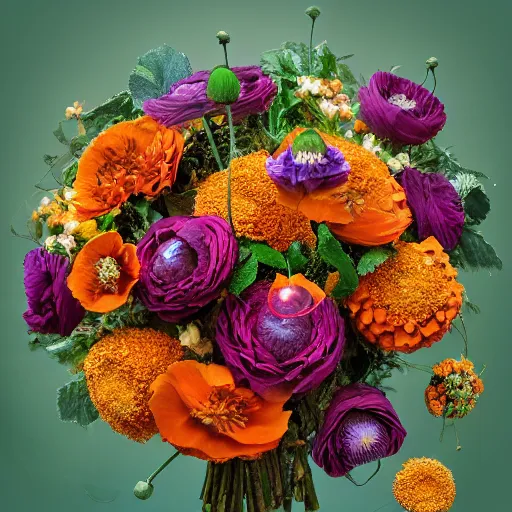 Image similar to a beautiful stunning fantasy matte digital painting of a bouquet made of orange roses and orange chrysanthemums and purple poppies and green eucalyptus and green flora, a photograph painted in the style of Bridal Magazine, professional floral arrangement, professional lighting, trending on artstation hq, contest winner