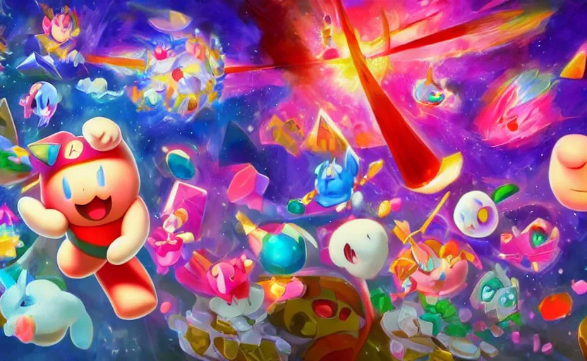 Prompt: Kirby and the crystal shards, digital painting, expressionistic, intricate detail, meticulous brush strokes, genius composition, masterpiece, work of art, 4k wallpaper