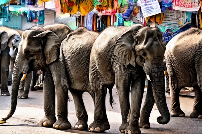 Prompt: elephants walking through an street market in India