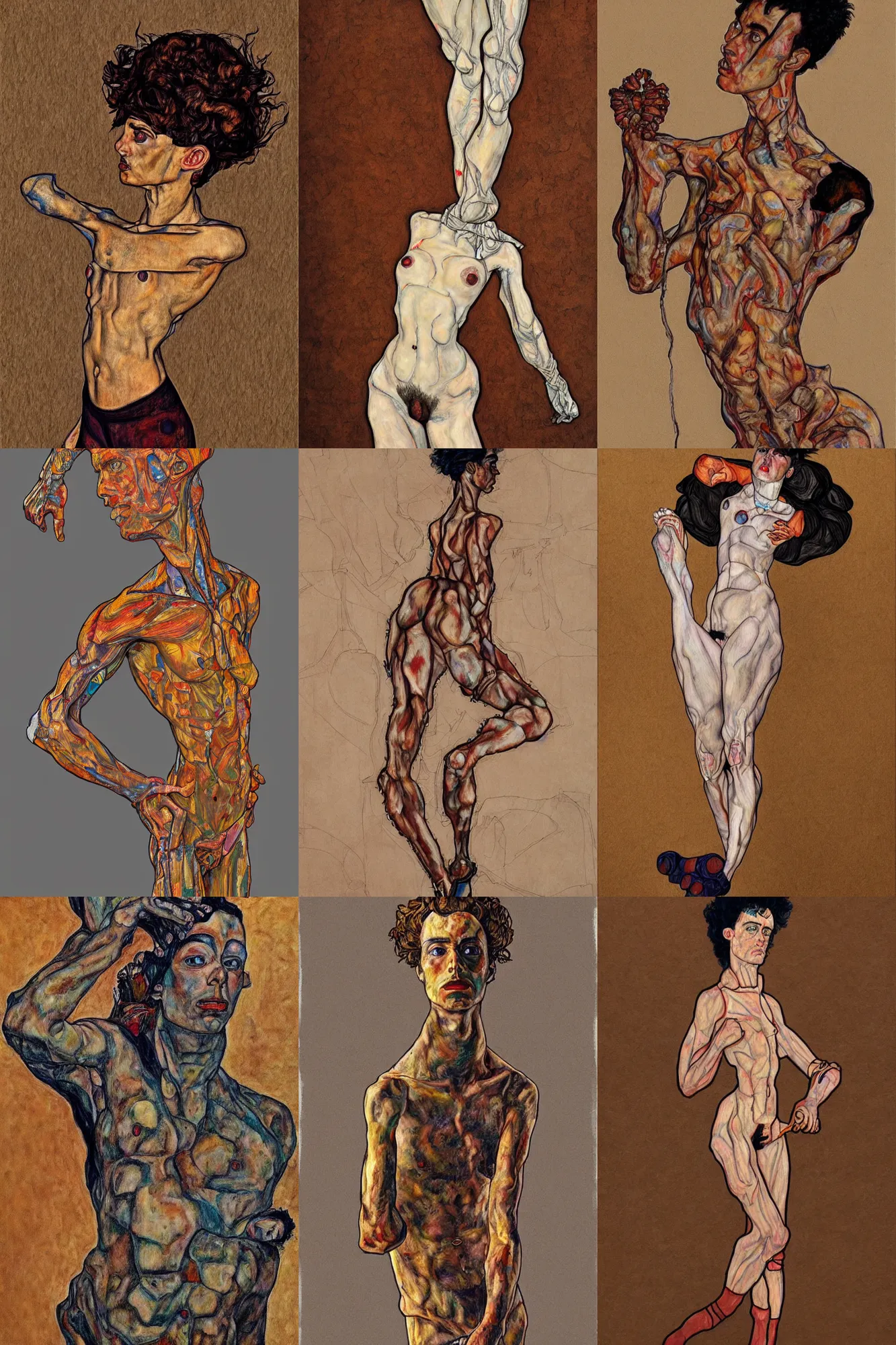 Prompt: a full body character with lifted arms and legs in style of egon schiele and heracut, masterpiece, hyperdetailed, complex, intricate, veiled, 4 k, dynamic!! trending on artstation,