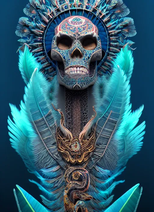 Image similar to 3 d shaman with tattoos profile portrait, sigma 5 0 0 mm f / 5. beautiful intricate highly detailed quetzalcoatl skull and feathers. bioluminescent, gradient background, plasma, frost, water, wind, creature, thunderstorm! artwork by tooth wu and wlop and beeple and greg rutkowski, 8 k trending on artstation,