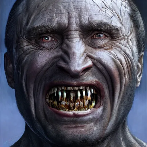 Prompt: vladimir putin, orc uruk - hai, macabre by donato giancola and greg rutkowski and wayne barlow and zdzisław beksinski, realistic face, digital art