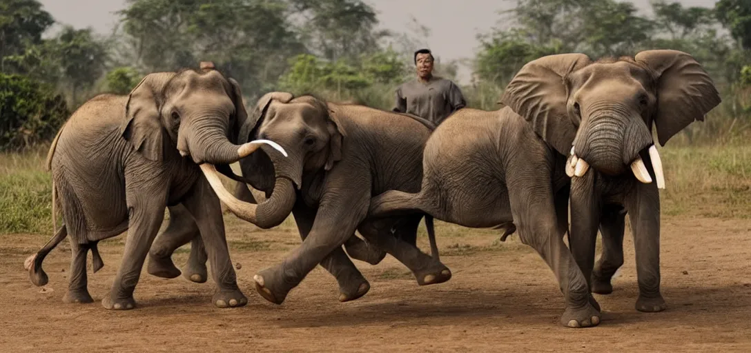 Prompt: the elephant battle, elephant duel scene, king naresuan of ayutthaya versus crown prince mingyi swa of burma, a colorized photo, colorized, # film, movie still