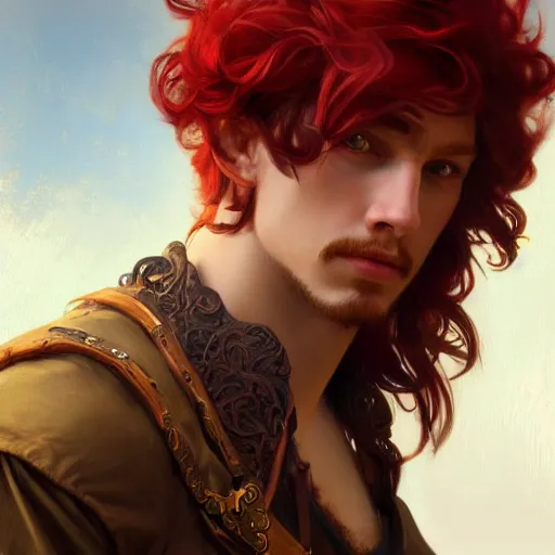 Image similar to portrait of a young carefree pirate, male, masculine, upper body, red hair, long hair, soft hair, D&D, fantasy, intricate, elegant, highly detailed, digital painting, artstation, concept art, matte, sharp focus, illustration, art by Artgerm and Greg Rutkowski and Alphonse Mucha