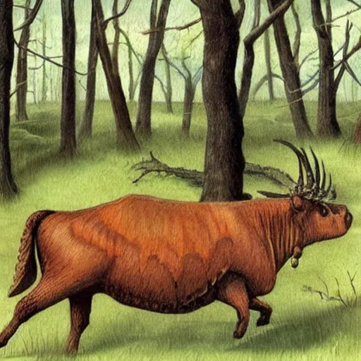 Image similar to an aurochs walking though a forest. illustration. nature illustration. textbook illustration.