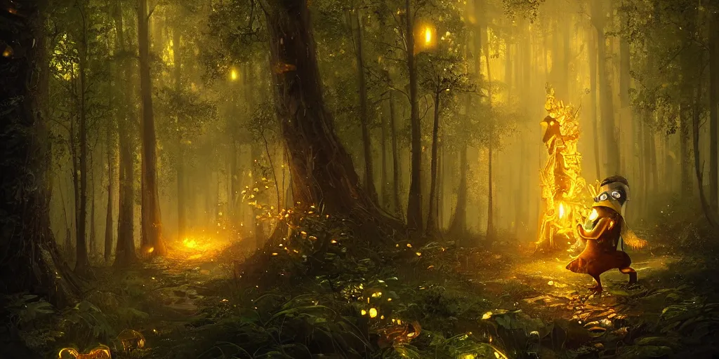 Prompt: a Minion lost in the woods encounters a gigantic glowing golden manifestation of the spirit of the forest at night, with fireflies. Jordan Grimmer. Geoffroy Thoorens