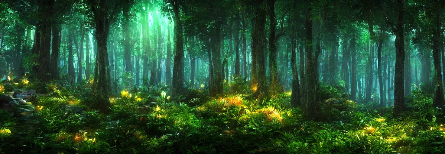 Image similar to a forest, plants glowing at night, wide shot, cinematic, ultra realistic, ultra detailed, in style of avatar movie