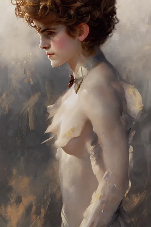 Image similar to emma watson manelbrot fightsuit gaston bussiere craig mullins j. c. leyendecker curly updo