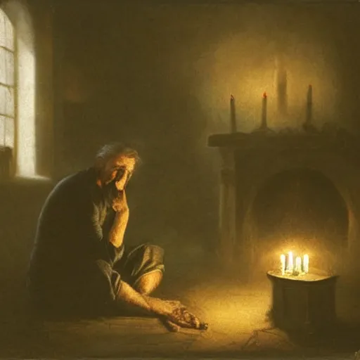 Prompt: A man sits in a dark and dingy room, the only light coming from a flickering candle, as he writes in a journal by the light of the flames, in a gothic and atmospheric style.