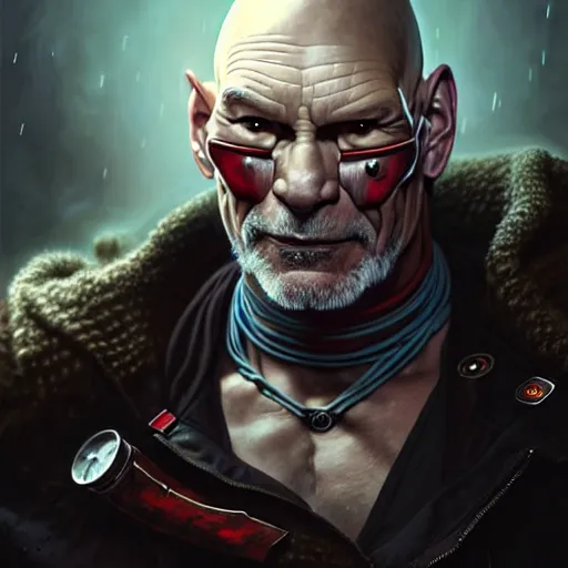 Image similar to portrait painting of a cyberpunk orc doctor extremely muscular patrick stewart with fangs and tusks, ultra realistic, concept art, intricate details, eerie, highly detailed, photorealistic, octane render, 8 k, unreal engine. art by artgerm and greg rutkowski and charlie bowater and magali villeneuve and alphonse mucha