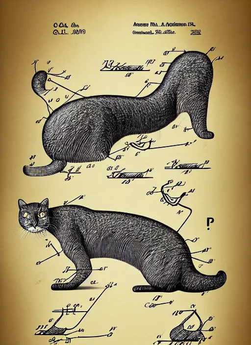 Image similar to an anatomically correct scheme of the long cat, highly detailed, patent illustration, digital illustration, concept art, smooth, sharp focus