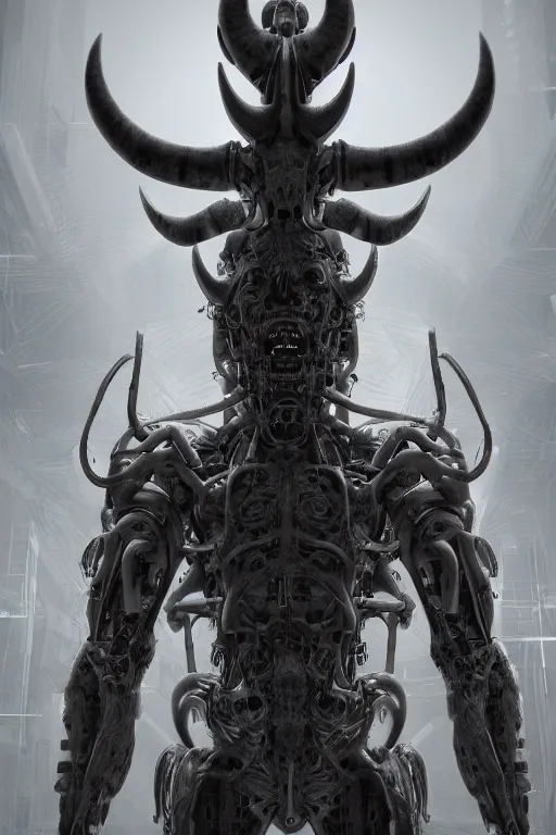 Prompt: Techno-God is an ancient mechanical gray giant chaotic horned humanoid, digital art, 16k, hyperrealism, high detail, ray tracing, concept art, octane render