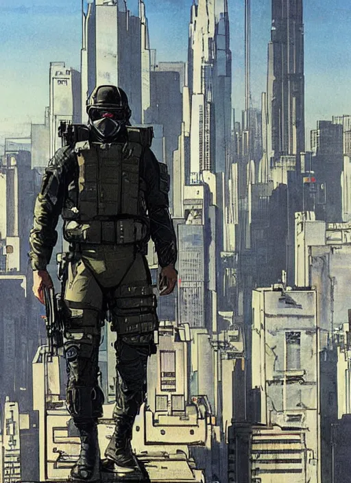 Image similar to Hector. USN special forces operator looking at city skyline. Agent wearing Futuristic stealth suit. rb6s and MGS Concept art by James Gurney, Alphonso Mucha.