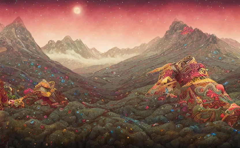 Image similar to mountains, stars and paisley filled sky, artstation, intricate, highly detailed, digital painting, concept art, sharp focus, illustration by Benjamin Lacombe and James Jean