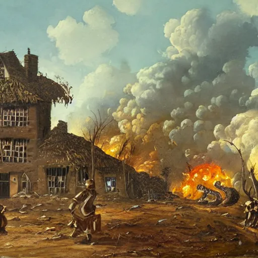 Image similar to oil painting of a village being destroyed by a giant alien