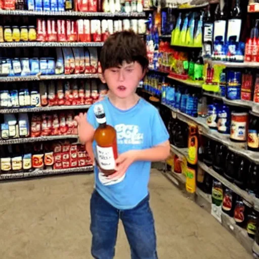 Prompt: boy hold beer bottle in the shop. angry casier refuse to sell.