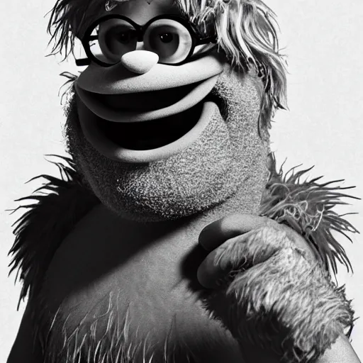 Image similar to a still of a forgotten muppet character looking very manly and modern, hilarious, laughing, hairy chest, huge chin, manly monster tough guy, roughled fur, photo real, photographic, photograph, artstation, trending, featured