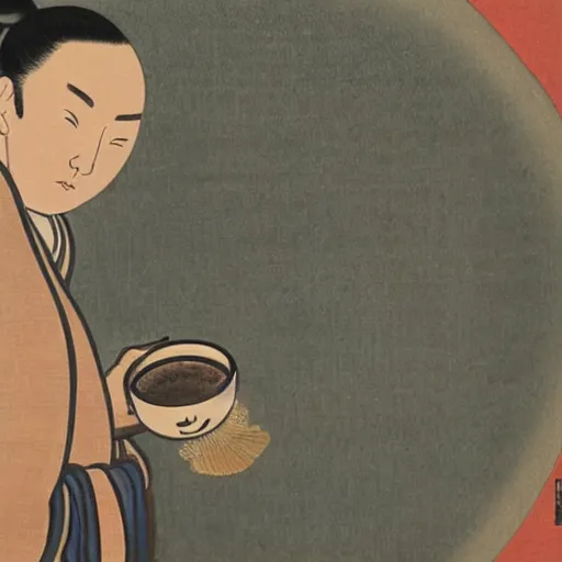 Prompt: a japanese painting of a wise asian man using a microwave