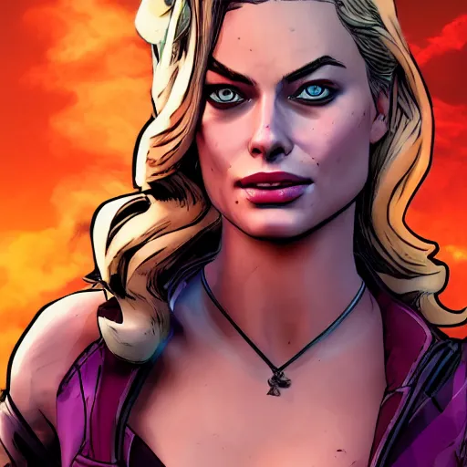 Image similar to margot robbie portrait, borderlands, tales from the borderlands, the wolf among us, comic, cinematic lighting, studio quality, 8 k