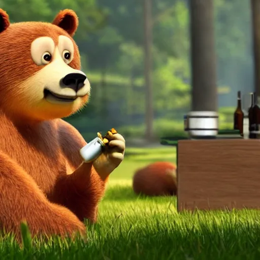 Image similar to a bear smoking a joint, pixar style, 4 k