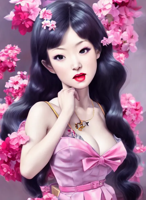 Image similar to a pin up and beautiful fashion dreamlke japan girl with lv jewelry, character art, art by artgerm, wlop, loish, hyperdetailed, 8 k realistic, symmetrical, global illumination, radiant light, frostbite 3 engine, cryengine, dof, trending on artstation, digital art, chanel, dior, detailed background