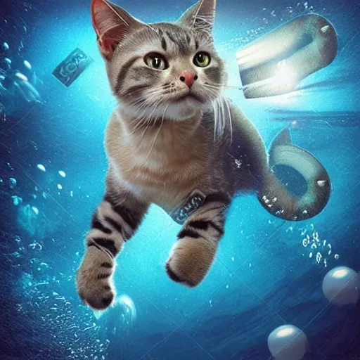 Image similar to a cat scuba diver, ears and tail and flippers, mystical undersea atmosphere, realistic