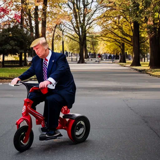 Image similar to Donald Trump falling off a tricycle, Canon EOS R3, f/1.4, ISO 200, 1/160s, 8K, RAW, unedited, symmetrical balance, in-frame