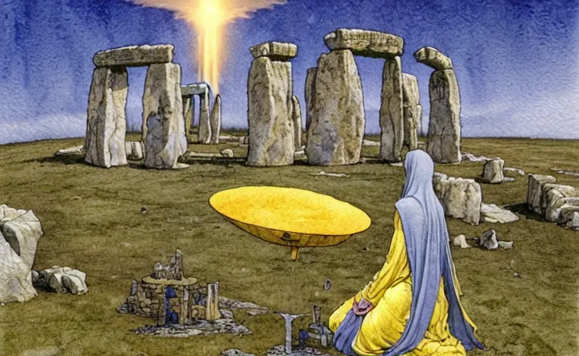 Image similar to a realistic and atmospheric watercolour fantasy concept art of a golden ufo landing on top of stonehenge. female medieval monk in grey robes kneeling with her hands by her sides. by rebecca guay, michael kaluta, charles vess and jean moebius giraud