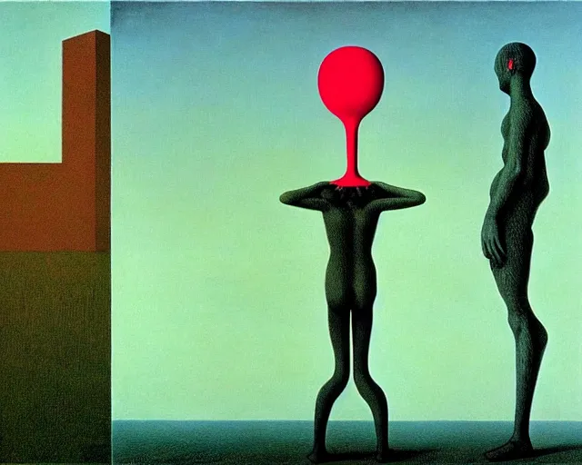 Image similar to tangled hierarchies by Magritte, Beksinski, and Keith Haring