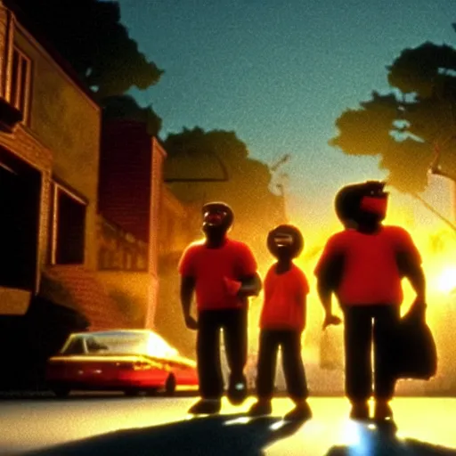 Image similar to a cinematic still of the Pixar version of the movie Boyz N The Hood (1991) epic lighting, shallow depth of field