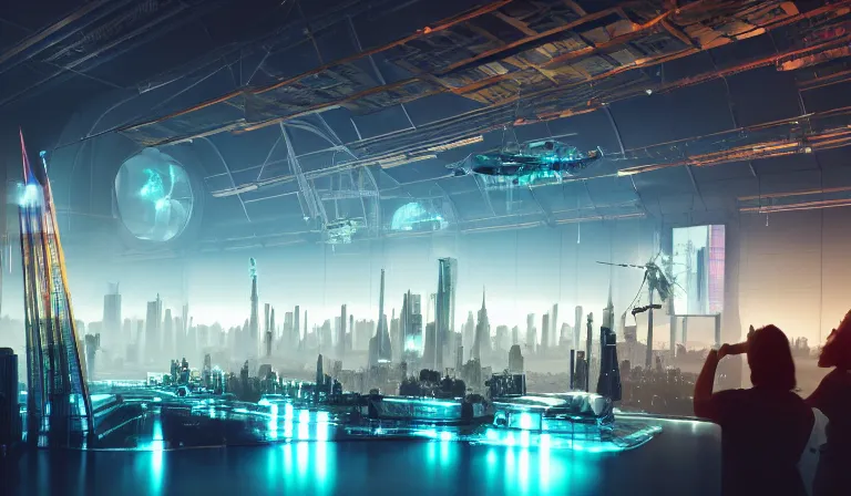 Image similar to large group of people in simple warehouse, looking at hologram of futuristic city on a table, cinematic concept art, godrays, golden hour, natural sunlight, 4 k, clear details, tabletop model buildings, center model buildings, hologram center, crane shot, crane shot, crane shot