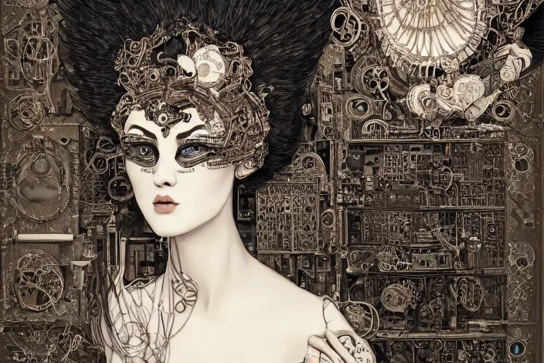 Image similar to beautifully stunning Rococopunk woman_integrating_with_technology_full_face_insipiring_detailed_intricate_ornate_cables_connected_to_head_big_open_electric_eyes_ the_singulairty is now by Hironaka, Harumi