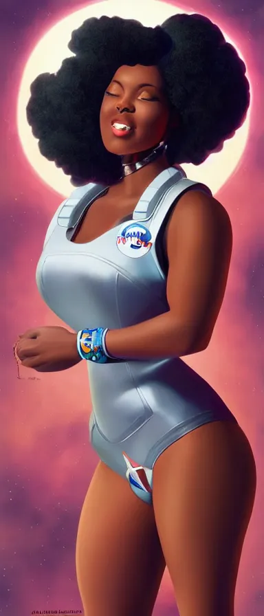 Image similar to full body shot of black woman in an astronaut suit with a celestial afro, pin-up style by Artgerm, realist, trending on artstation