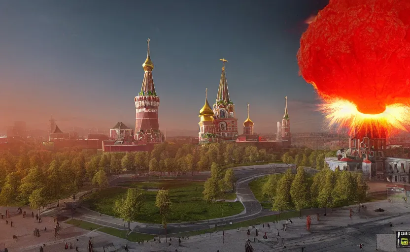 Prompt: ultra realistic picture of a big nuclear explosion with realistic nuclear mushroom in Red Square Kremlin, extremely high detail, photo realistic, cinematic lighting, post processed, artstation, matte painting, unreal engine 5, 8k